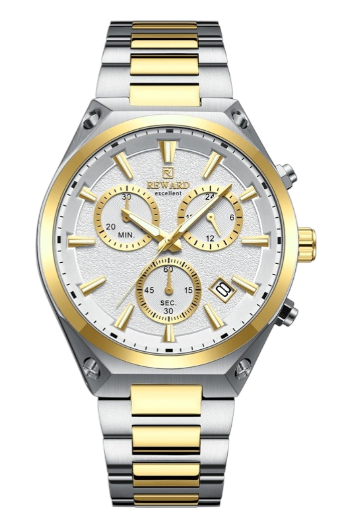 A147447 Erkek Kol Saati Quartz Takvimli Beyaz Kadran Çelik Kordon Altın-Gümüş 46 mm A147447 - Görsel 1